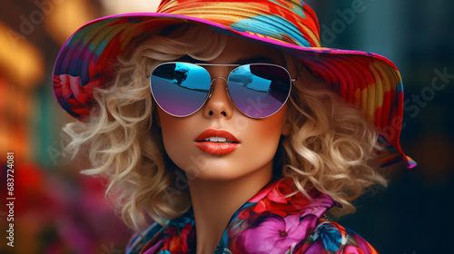 portrait of a girl in colorful hat and sunglasses