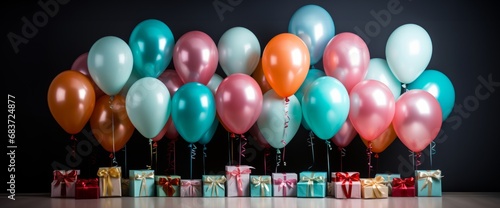 Celebration background with beautifully arranged balloons and gifts. Happy Birthday Balloons with presents. Digital festive art for poster  template  flyer  banner background or design element.