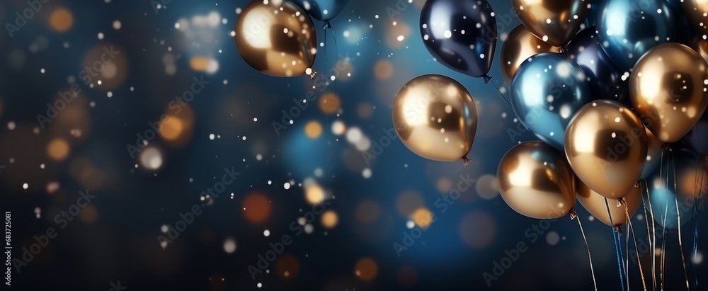Celebration background with beautifully arranged blue and gold balloons ...