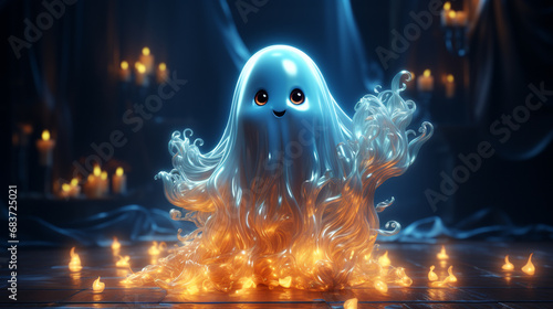 Mystery cute ghost on dark background. © andranik123