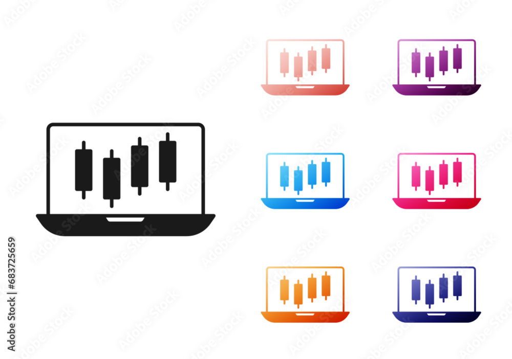 Black Laptop with stocks market growth graphs and money icon isolated on white background. Monitor with stock charts arrow on screen. Set icons colorful. Vector Black Laptop with stocks market growth graphs and money icon isolated on white background. Monitor with stock charts arrow on screen. Set icons colorful. Vector