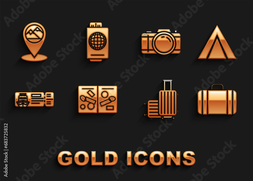 Set Passport pages with visa stamps, Tourist tent, Suitcase for travel, Cruise ticket traveling by ship, Photo camera, Map pointer mountain and icon. Vector