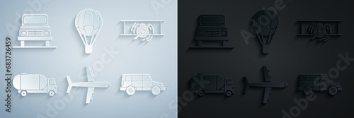Set Plane, Old retro vintage plane, Tanker truck, Off road car, Hot air balloon and Car icon. Vector