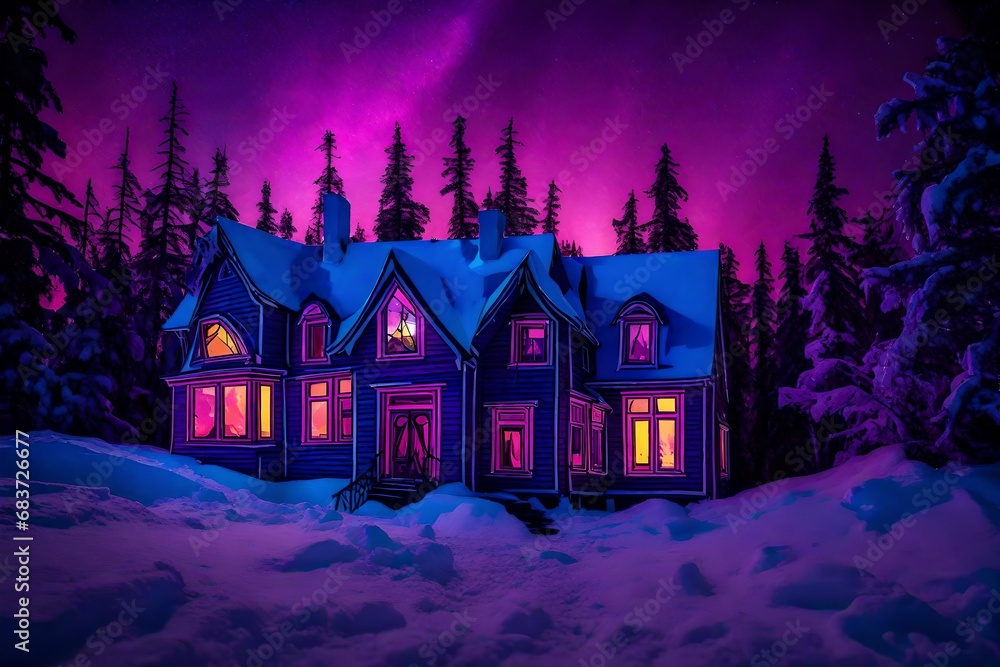 House cover with snow at night 