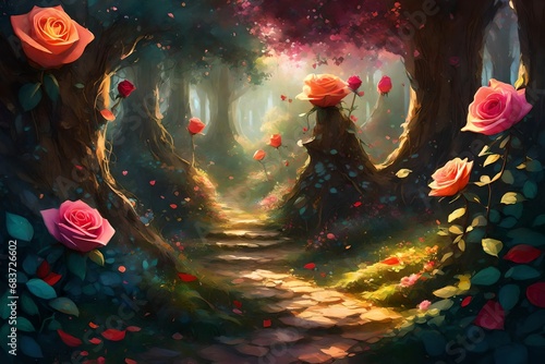 Describe a magical forest where enchanted roses of various colors communicate their love through their vibrant petals.  © Imtisal