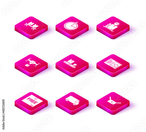 Set Cardboard box with free symbol, Delivery cargo truck vehicle, drone the package, Conveyor belt cardboard, traffic, Postcard, Scale and Stopwatch icon. Vector