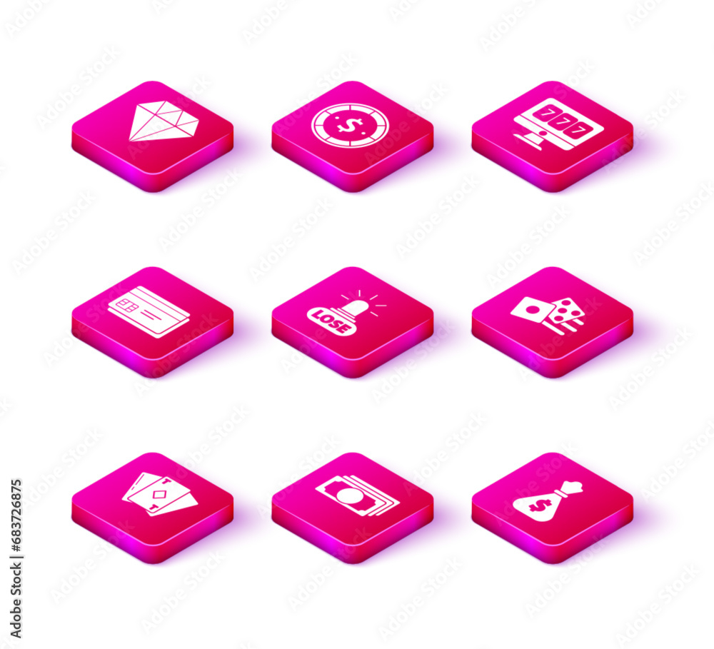 Set Playing card with diamonds, Stacks paper money cash, Credit, Casino losing, Money bag, Game dice, Online slot machine lucky sevens jackpot and chip dollar icon. Vector Set Playing card with diamonds, Stacks paper money cash, Credit, Casino losing, Money bag, Game dice, Online slot machine lucky sevens jackpot and chip dollar icon. Vector