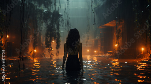 Woman in water at night.
