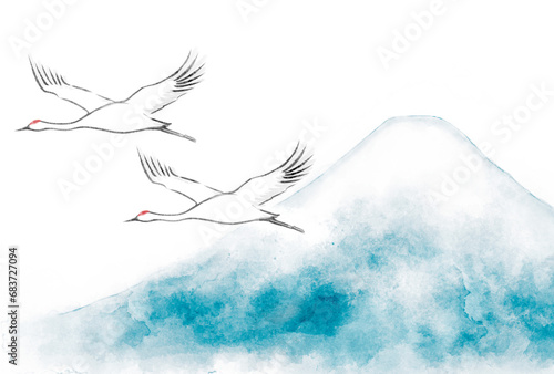 水彩風の富士山と空を飛ぶ二匹の鶴の年賀状イラスト