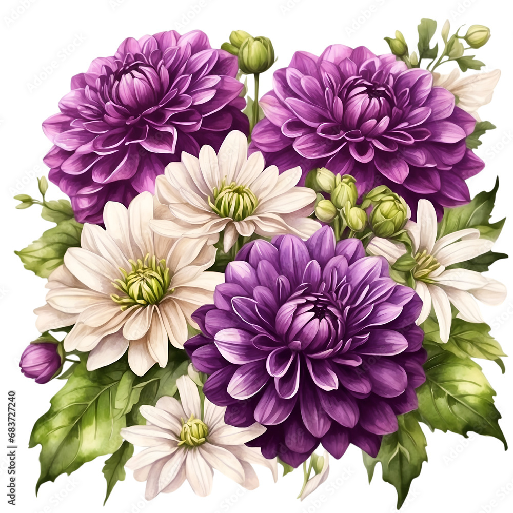 Watercolor illustration of purple dahlia flowers with green leaves in bouquet. Creative graphics design. Beautiful flowers for decoration. Watercolor illustration of purple dahlia flowers with green leaves in bouquet. Creative graphics design. Beautiful flowers for decoration.