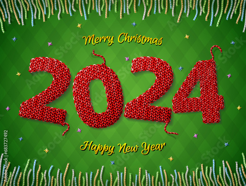 New Year 2024 in shape of knitted fabric on checkered background. Christmas wishes surrounded by colored threads. Vector image for new years day, christmas, winter holiday, new years eve, silvester
