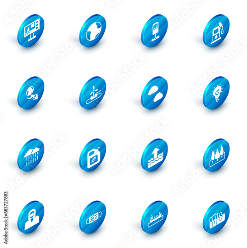 Set Earth globe, Trash can, Petrol or gas station, Hands holding, Cloud with rain, Wind turbine, Light bulb leaf and icon. Vector
