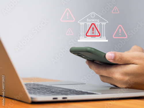 Bank security with warning sign Online financial transactions via the internet