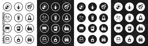 Set Socks, Full trash can, Iron and ironing board, Washing dishes, Cleaning lady service, Kitchen apron, Garbage bag and table icon. Vector