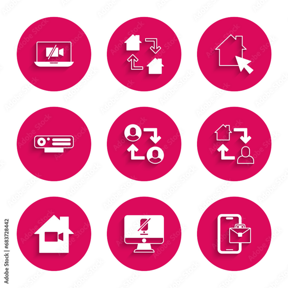 Set Project team base, Mute microphone on computer, Freelancer, Online working, Video camera Off home, Web, and laptop icon. Vector Set Project team base, Mute microphone on computer, Freelancer, Online working, Video camera Off home, Web, and laptop icon. Vector