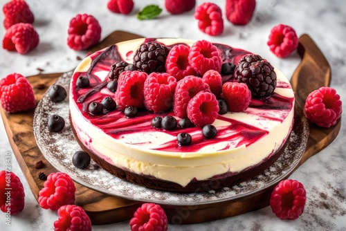 Raspberry White Chocolate Mousse Brownie Cheesecake, a creamy and fruity delight with white chocolate mousse and brownies in a cheesecake. 
