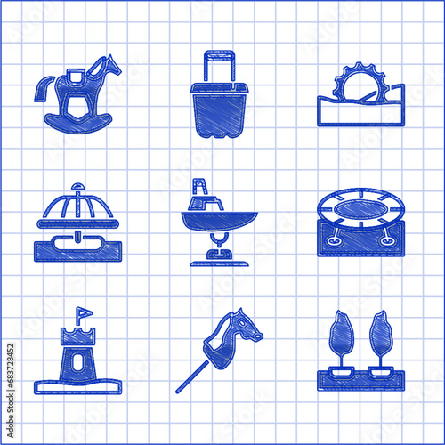 Set Swing boat, Toy horse, Forest, Jumping trampoline, Sand tower, Attraction carousel, Ferris wheel and Horse saddle swing icon. Vector