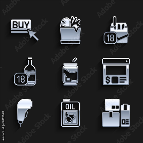Set Soda can, Bottle of olive oil, Cash register machine, Online ordering and delivery, Scanner scanning bar code, Wine bottle, Cigarettes pack box and Buy button icon. Vector