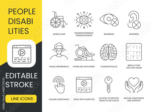 Disabled people set vector line icons with editable stroke, wheelchair and blindness, farsightedness and myopia, hydrocephalus and braille, visual limitations and low vision photo
