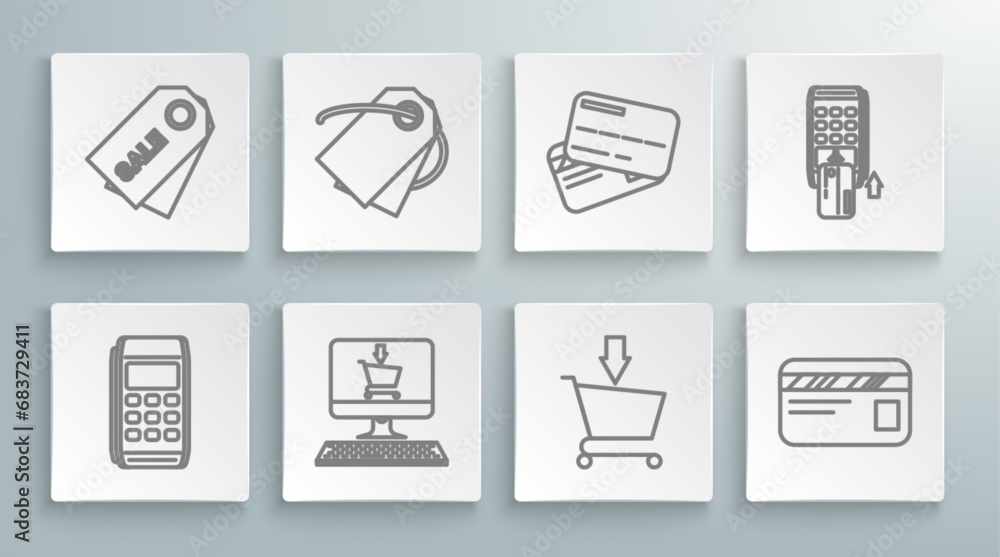 Set line Pos terminal, Blank label template price tag, Shopping cart on screen computer, Add to, Credit card, with inserted credit and Price inscription Sale icon. Vector Set line Pos terminal, Blank label template price tag, Shopping cart on screen computer, Add to, Credit card, with inserted credit and Price inscription Sale icon. Vector