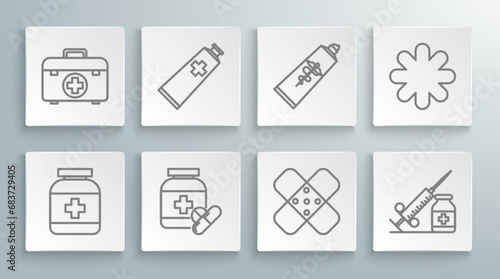 Set line Medicine bottle, Ointment cream tube medicine, and pills, Crossed bandage plaster, Medical syringe with needle vial or ampoule, hospital medical and First aid kit icon. Vector