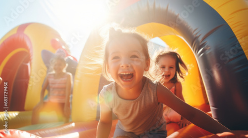 Happy group of kids on the inflatable bounce house on sunny summer day photo