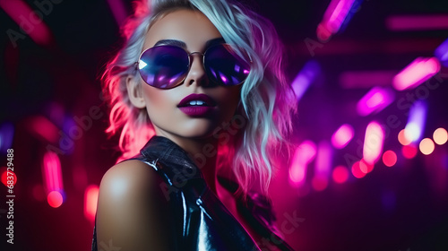 Portrait of a happy girl in a night club with purple and pink spotlight wearing sunglasses. Young woman in a nightclub with laser lights