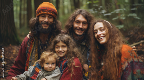 Portrait of a hippie family , hippy group of people living peace and love in middle of nature forest photo