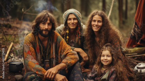 Portrait of a hippie family , hippy group of people living peace and love in middle of nature forest photo