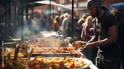 a person standing next to a table of food