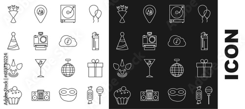 Set line Lollipop, Gift box, Lighter, Vinyl player with a vinyl disk, Photo camera, Party hat, Bouquet of flowers and Music streaming service icon. Vector