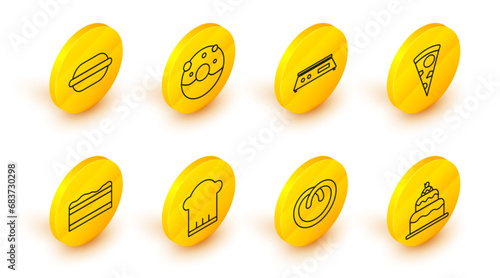 Set line Cake, Pretzel, Chef hat, Brownie chocolate cake, Slice of pizza, Electronic scales, Donut with sweet glaze and Macaron cookie icon. Vector