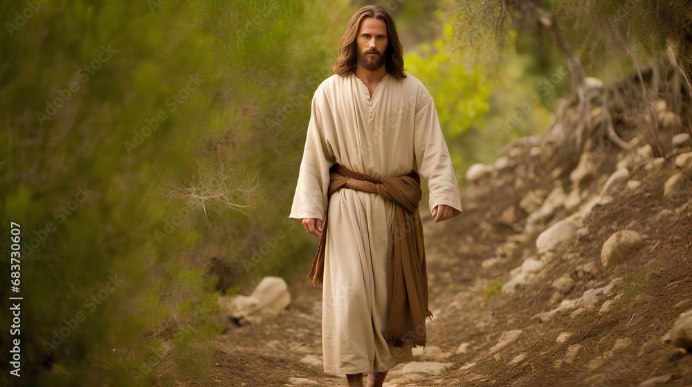 Jesus Christ walks through a picturesque area and prays to God.