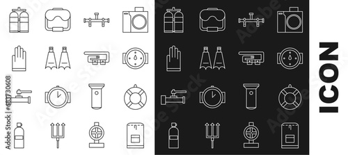 Set line Backpack, Lifebuoy, Wind rose, Manifold, Rubber flippers for swimming, Gloves, Aqualung and Diving belt icon. Vector photo
