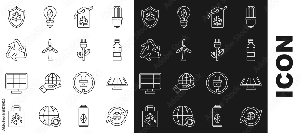 Set line Planet earth and a recycling, Solar energy panel, Bottle of water, Tag with recycle symbol, Wind turbine, Recycle, inside shield and Electric saving plug leaf icon. Vector Set line Planet earth and a recycling, Solar energy panel, Bottle of water, Tag with recycle symbol, Wind turbine, Recycle, inside shield and Electric saving plug leaf icon. Vector