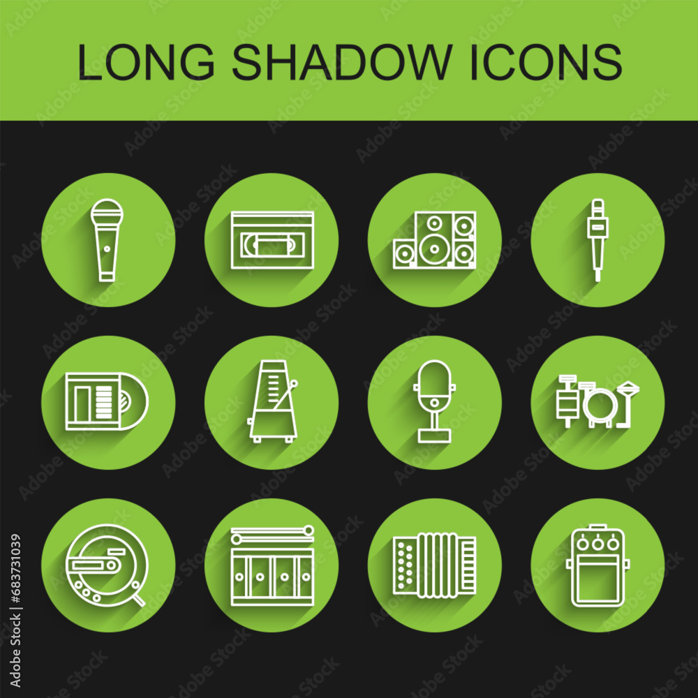 Set line Music CD player, Drum with drum sticks, Microphone, Musical instrument accordion, Guitar pedal, Metronome pendulum motion, Drums and icon. Vector Set line Music CD player, Drum with drum sticks, Microphone, Musical instrument accordion, Guitar pedal, Metronome pendulum motion, Drums and icon. Vector