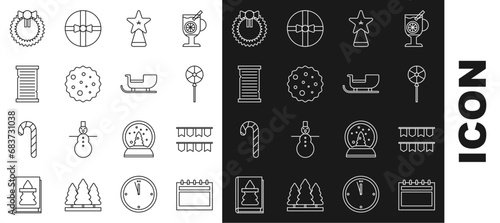 Set line Calendar, Carnival garland with flags, Lollipop, Christmas star, Cookie or biscuit chocolate, wish list template, wreath and santa claus sleigh icon. Vector