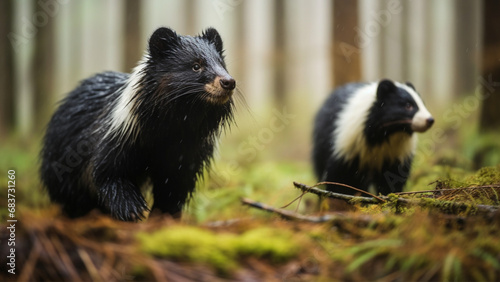 side view cinema lens of a Skunk with a skunk cub walking in forest