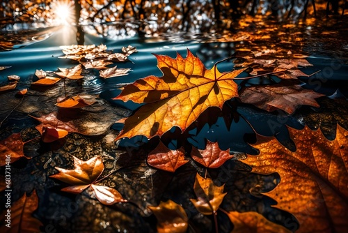 extreme close up view   autumn broken leave on the water   sun rays are also present. 