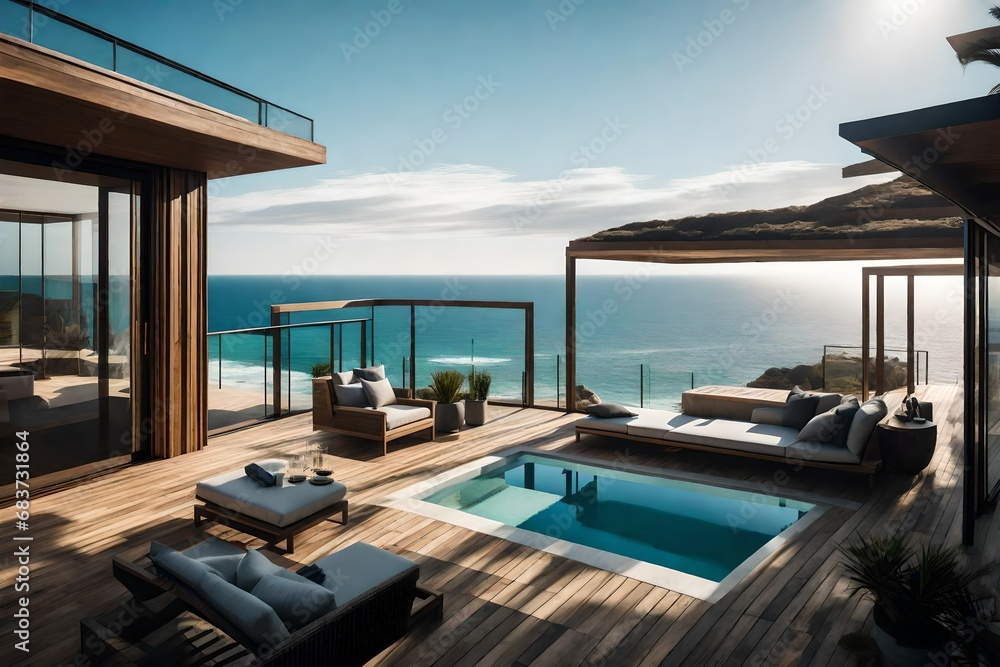 Fototapeta premium A coastal retreat balcony with panoramic ocean views and coastal serenity. 