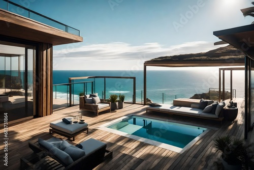 A coastal retreat balcony with panoramic ocean views and coastal serenity. 