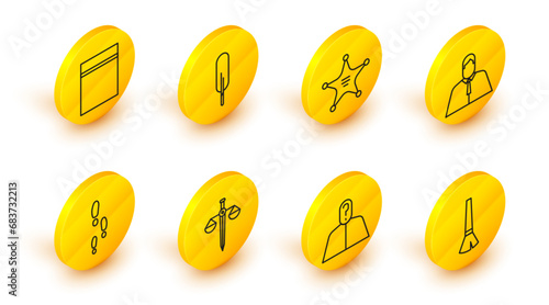 Set line Paint brush, Anonymous with question mark, Scales of justice, Footsteps, Lawyer, attorney, jurist, Hexagram sheriff, Feather pen and Plastic bag ziplock icon. Vector