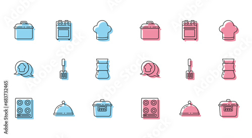 Set line Gas stove, Covered with tray of food, Cooking pot, Slow cooker, Spatula, Coffee turk, Chef hat speech bubble and Oven icon. Vector