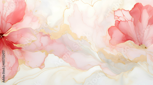 Abstract marbled ink liquid fluid watercolor painting texture banner illustration - Soft red pink petals, blossom flower flowers swirls gold painted lines, isolated on white background, generative ai #683732477