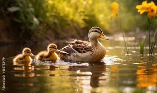 a mother duck with her three babies in the water of a pond in the woods of a city park, cute and funny,