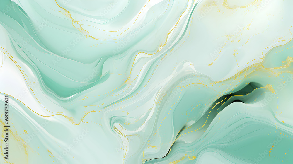 Fototapeta premium Abstract marble ink liquid fluid watercolor painting texture banner illustration, mint green petals, blossom flower flowers swirls gold painted lines, isolated on white background, generative ai