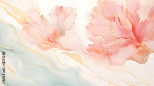 Fototapeta Naklejka Na Ścianę i Meble -  Abstract marbled ink liquid fluid watercolor painting texture banner illustration - Soft red pink petals, blossom flower flowers swirls gold painted lines, isolated on white background, generative ai