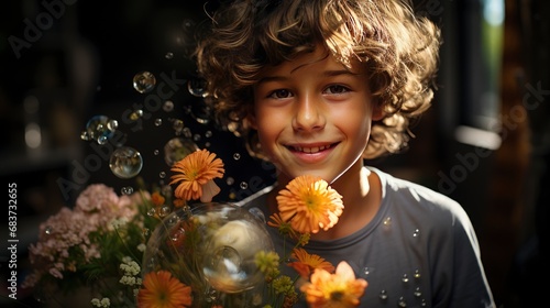 Boy Holding Bouquet Flowers Gift Over, Background Image, Desktop Wallpaper Backgrounds, HD