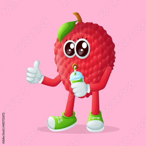 lychee character drinking a green smoothie