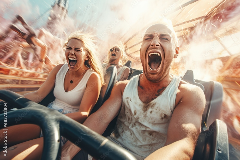 Adults riding an extreme amusement park.